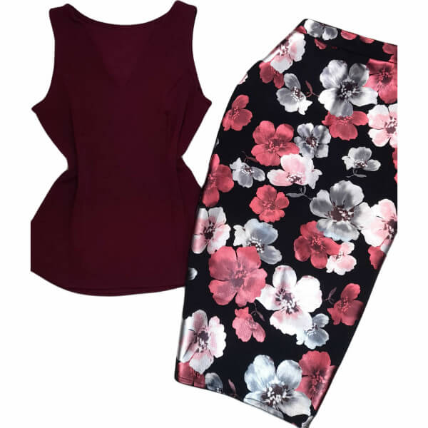 Set Blouse V Neck Straps And Flowered Pencil Skirt